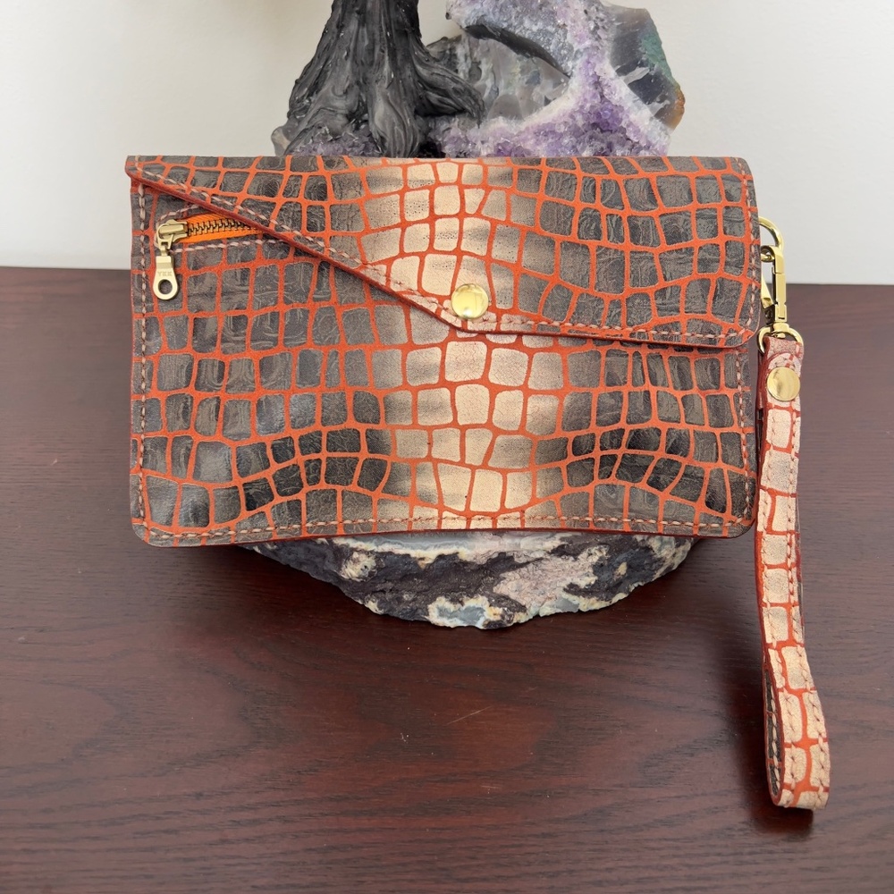 Handmade Orange & Taupe Croc Print Leather Clutch, Detach Strap, Gold Hardware
